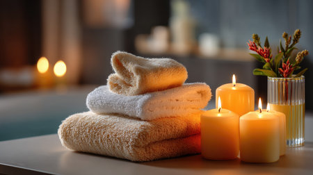 This serene image showcases soft bath towels stacked neatly beside glowing candles and vibrant flowers, creating a perfect setting for relaxation and wellness.の素材
