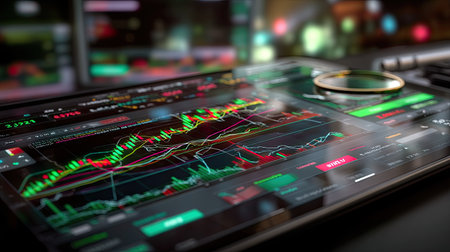 Close-up view of a modern tablet displaying vibrant financial charts, data analytics, and trading information set in a high-tech stock market environment.の素材