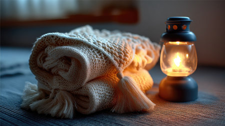 A cozy blanket draped together with a gentle lantern creates a warm and inviting atmosphere, perfect for relaxation and serene moments at home.の素材