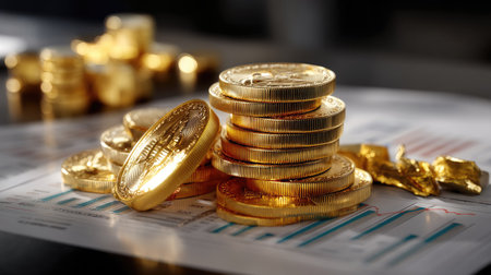 A close-up view of stacked gold coins sitting atop financial graphs, symbolizing wealth, investment strategies, and the modern economic landscape.の素材