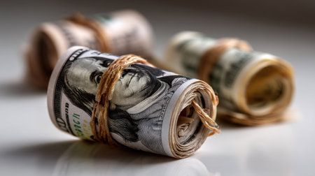 A close-up view of rolled bundles of currency featuring detailed banknotes, highlighting themes of finance, wealth, and economic growth.の素材