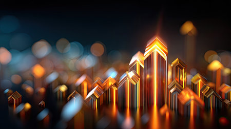 This captivating abstract image showcases a stunning skyline with glowing geometric shapes, illuminated by warm colors against a soft bokeh background. Ideal for modern design projects.の素材