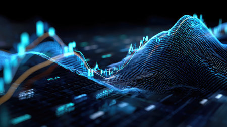 This abstract digital visualization showcases glowing data points and dynamic graphs, representing finance and technology interactions in a futuristic landscape.の素材