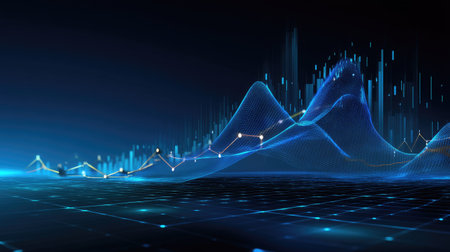 A captivating digital visualization showcasing abstract waves and graphs that represent data analytics and information technology trends in a modern style.の素材