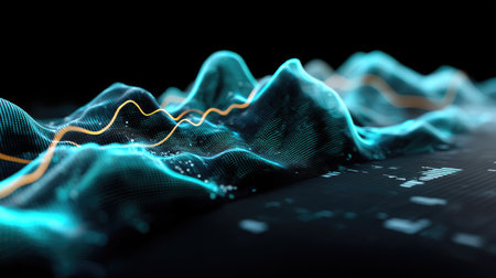 This abstract artwork features a digital waveform with flowing blue and orange lines, creating a modern and dynamic visual representation of sound and data analysis.の素材