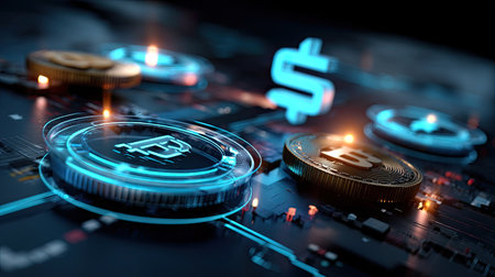 A high-tech representation of digital investment, showcasing Bitcoin and dollar symbols in a futuristic environment, highlighting modern cryptocurrency themes.の素材
