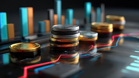 This captivating image showcases a modern financial analysis scene featuring coins stacked on a digital backdrop with graphs and statistics. Perfect for financial, investment, and technology themes.の素材