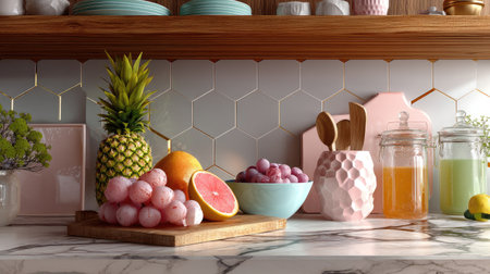 A beautifully arranged display of fresh fruits on a marble countertop, enhanced by elegant kitchen decor and modern shelving for a vibrant atmosphere.の素材