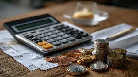 A detailed composition featuring a calculator, coins, and receipts on a wooden table, representing budgeting and personal finance management for effective planning.の素材