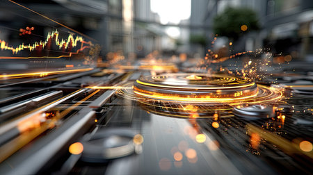 A stunning representation of futuristic data visualization showcasing glowing circuits and financial graphs set against a modern cityscape. This image captures the essence of technology and innovation, emphasizing data's role in urban environments and business landscapes.の素材