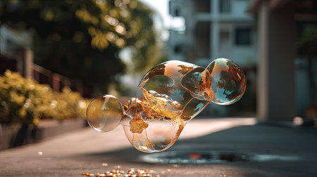 A mesmerizing scene of floating soap bubbles adorned with golden glitter in a serene outdoor environment, capturing the essence of joy and beauty in nature.の素材
