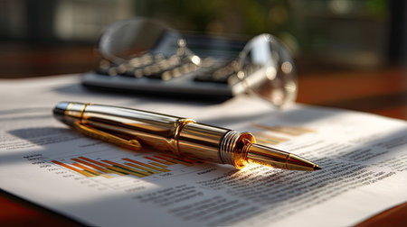 A golden pen resting on a financial document highlights business analysis. A calculator and glasses add to the workspace ambiance, promoting professionalism.の素材