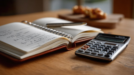 A notebook filled with notes, a calculator, and a pen are arranged on a wooden table, complemented by freshly baked goods in the background, ideal for studying or office work.の素材