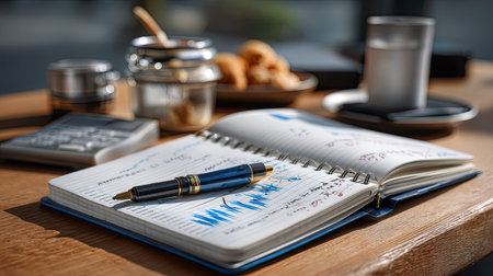 A cozy workspace featuring an open notebook filled with charts and notes, a stylish pen, glass of water, and delicious snacks, radiating a bright atmosphere.の素材