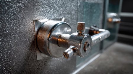A close-up image of a chrome valve used in industrial equipment, showcasing intricate details and reflections on a textured surface, emphasizing functionality and design.の素材