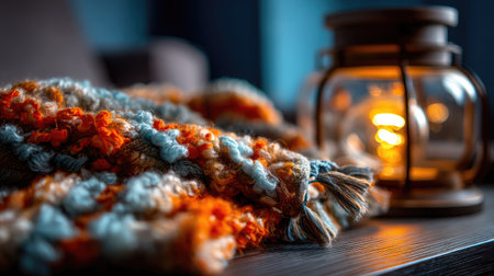 A beautifully arranged cozy living room scene featuring a handwoven blanket and a warm lantern, creating a soothing ambiance perfect for relaxation.の素材