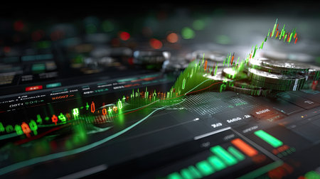 This dynamic image showcases the concept of stock market growth. It features data visualization elements, stock charts, and digital currency, illustrating finance and investment trends.の素材
