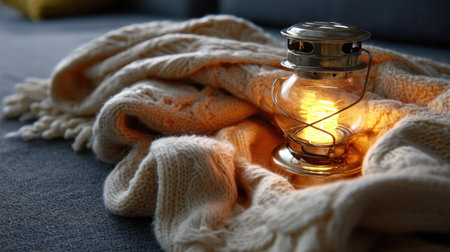 This image captures a cozy living room scene featuring a glowing lantern nestled on a soft blanket. The warm light exudes a peaceful and inviting atmosphere, perfect for relaxation.の素材