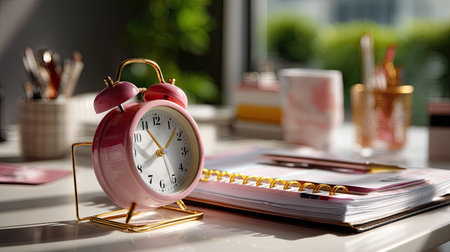 A charming vintage pink alarm clock sits elegantly on a modern desk surrounded by colorful stationery, basking in soft natural light that enhances productivity.の素材
