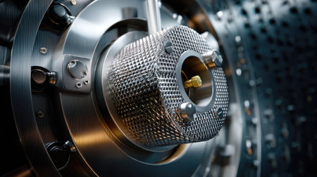Close-up image of a precision mechanical component showcasing intricate metalwork in a modern engineering environment, highlighting innovation and technology.の素材