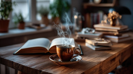 Enjoy a serene coffee moment featuring a steaming cup placed on a wooden table beside an open book, surrounded by subtle decorative elements.の素材