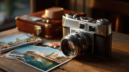A vintage camera rests on a rustic wooden table surrounded by colorful postcards and a classic travel bag, capturing the essence of adventure and nostalgia.の素材