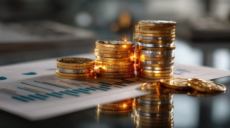 A visually striking composition featuring reflective stacks of gold and silver coins atop financial reports, symbolizing investment potential and economic growth.の素材