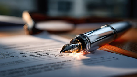 A sleek silver fountain pen lies gracefully on a document in a well-lit office environment. The soft focus enhances the professional atmosphere, inviting creativity.の素材