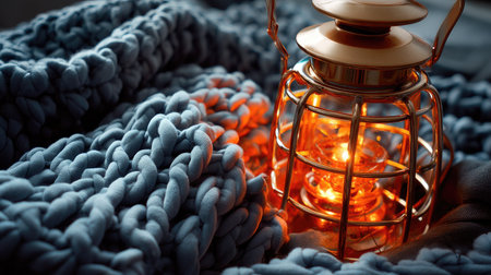 A vintage lantern casts a warm glow amidst a soft and textured blanket, creating a cozy atmosphere perfect for relaxation and comfort.の素材
