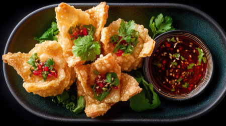 This image showcases a plate of crispy fried dumplings garnished with fresh herbs and accompanied by a flavorful dipping sauce, ideal for appetizers.の素材