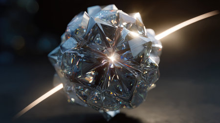A mesmerizing abstract crystal formation showcases intricate reflective surfaces and luminous highlights against a dark backdrop, perfect for creative projects.の素材