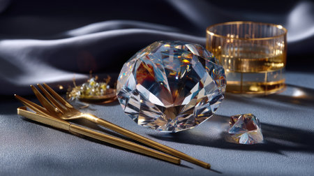 A captivating still life featuring a large crystal ornament alongside polished golden cutlery, delicately arranged on soft fabric, perfect for upscale dining.の素材