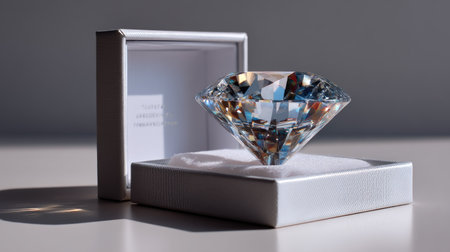 This stunning round cut diamond gemstone rests elegantly in a luxury gift box, reflecting brilliant colors and light. Perfect for showcasing beauty.の素材