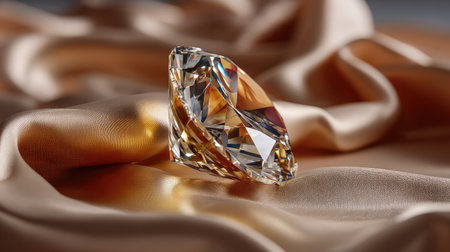 A stunning diamond gemstone exudes luxury as it rests gracefully on smooth silk fabric, capturing light and showcasing its brilliant facets and colors.の素材