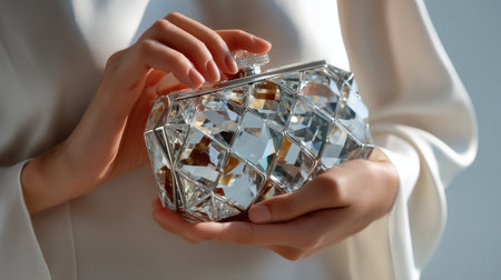 A closeup image of a woman gently holding a stunning crystal clutch purse, showcasing elegance and style in soft lighting that highlights exquisite details.の素材