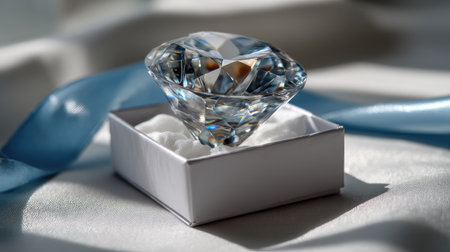 A stunning crystal diamond figurine rests elegantly in a simple white box, surrounded by soft fabric and a delicate blue ribbon, beautifully lit.の素材