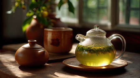 This serene tea setting features a glass teapot filled with green tea, accompanied by rustic clay cups. The soft natural light enhances the calming ambiance, ideal for relaxation and mindfulness moments.の素材