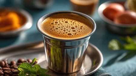 This image features a freshly brewed coffee in a shiny metal cup, surrounded by coffee beans and ingredients on a rustic table, evoking warmth and comfort.の素材