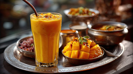 A vibrant glass of mango lassi accompanied by an array of traditional Indian dishes served on an ornate platter, showcasing culinary artistry.の素材