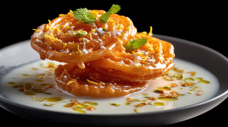 This tempting Indian dessert features spiraled sweet treats drenched in syrup, served with creamy yogurt and garnished with mint, perfect for festive occasions.の素材