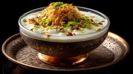 A beautiful creamy dessert served in an ornate bowl, garnished with pistachios and delicate strands, ideal for festive occasions and special events.の素材