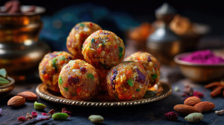 Explore a vibrant arrangement of colorful Indian sweet balls on a decorative plate, adorned with spices and nuts, symbolizing festive celebrations.の素材
