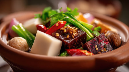 A vibrant and colorful Asian cuisine dish features an assortment of fresh herbs, vegetables, tofu, and spices beautifully presented in a traditional clay pot.の素材