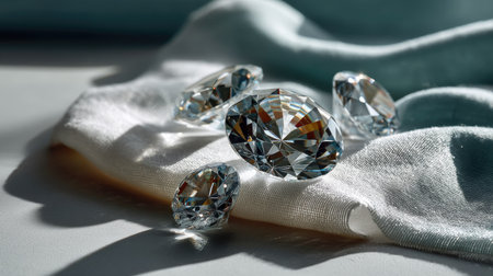 A captivating arrangement of sparkling diamonds resting on a soft, elegant fabric, illuminated by natural light, showcasing their intricate facets and colors.の素材