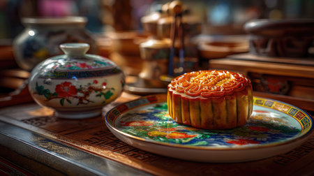 A traditional mooncake sits elegantly on an ornate plate surrounded by beautiful decor. Soft natural light highlights the colorful details and cultural significance of this festive dessert.の素材