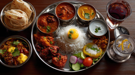 Experience an exquisite array of traditional Indian dishes showcased on a steel platter, featuring aromatic curries, rice, and fresh vegetables, perfect for a delicious meal.の素材
