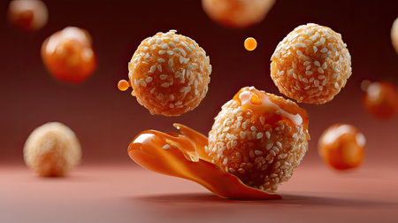 A striking image of sesame balls floating in mid-air, dripping with glossy caramel sauce, creating a visually appealing dessert scene.の素材