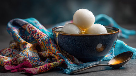 Indulge in this beautiful Indian dessert featuring soft rice balls drenched in sweet syrup, elegantly presented in a bowl with a vibrant fabric backdrop.の素材