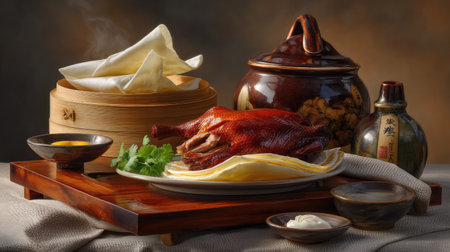 A beautifully arranged plate showcasing Peking duck served with thin pancakes, aromatic herbs, and rich sauces, perfect for culinary enthusiasts.の素材