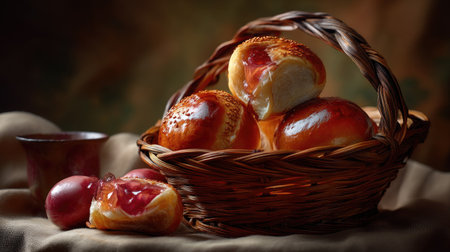 A beautifully arranged scene featuring freshly baked sweet rolls in a rustic basket, accompanied by vibrant fruits. The warm tones create an inviting atmosphere perfect for showcasing delicious baked goods.の素材